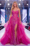 Vestido largo de concurso de sirena con corsé brillante fucsia brillante Sweetheart transparente