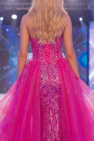Vestido largo de concurso de sirena con corsé brillante fucsia brillante Sweetheart transparente