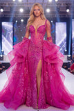 Vestido largo de certamen sirena transparente en fucsia fucsia brillante con faja