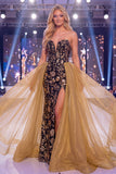 Vestido largo de concurso con fajilla y fajilla de sirena dorada brillante