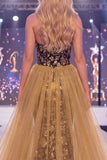 Vestido largo de concurso con fajilla y fajilla de sirena dorada brillante