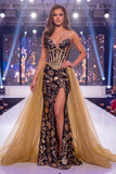 Vestido largo de concurso con faja de sirena dorada brillante y brillante