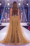 Vestido largo de concurso con faja de sirena dorada brillante y brillante