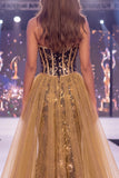Vestido largo de concurso con faja de sirena dorada brillante y brillante