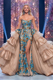 Vestido largo de concurso sin tirantes con fajilla de sirenas brillantes y brillantes de lentejuelas azules