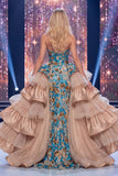 Vestido largo de concurso sin tirantes con fajilla de sirenas brillantes y brillantes de lentejuelas azules
