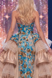 Vestido largo de concurso sin tirantes con fajilla de sirenas brillantes y brillantes de lentejuelas azules