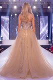 Vestido largo de concurso largo con corsé transparente sirena de champán brillante