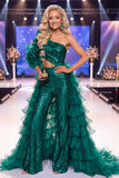 Vestido de concurso de belleza verde oscuro de lentejuelas de un solo hombro con faja
