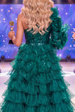 Vestido de concurso de belleza verde oscuro de lentejuelas de un solo hombro con faja