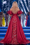Vestido largo de certa, sirena con cuentas y cuentas burdeos, burdeos y faja