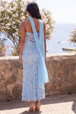 Vestido midi floral liquiado con tirantes de sirena azul y bufanda al cuello