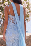 Vestido midi floral liquiado con tirantes de sirena azul y bufanda al cuello