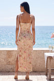 Vestido floral midi con tirantes de sirena de champán brillante con tirantes finos