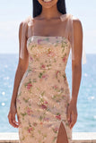 Vestido floral midi con tirantes de sirena de champán brillante con tirantes finos