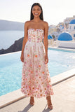 Vestido midi midi bordado sin tirantes rosa A-Line