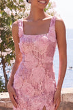 Vestido midi floral midi con cuello cuadrado de cuello rosa Bodycon lentejuelas