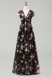 Vestido floral maxi de chiffon negro en línea A con escote en V y manga alta