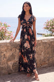 Vestido floral maxi de chiffon negro en línea A con escote en V y manga alta