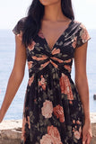 Vestido floral maxi de chiffon negro en línea A con escote en V y manga alta