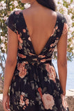 Vestido floral maxi de chiffon negro en línea A con escote en V y manga alta