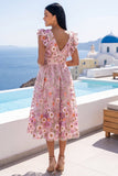 Vestido midi floral bordado en V rosa A-line con volantes