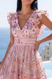 Vestido midi floral bordado en V rosa A-line con volantes