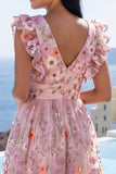 Vestido midi floral bordado en V rosa A-line con volantes