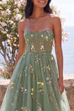Corsé Dusty Sage A-Line Tul transparente con corsé midi bordado con flores
