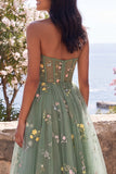Corsé Dusty Sage A-Line Tul transparente con corsé midi bordado con flores