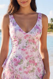 Vestido blanco pequeño bodycon escote floral con volantes y escote en V