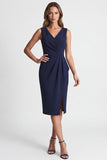 Traje de trabajo midi azul marino Bodycon escote en V con abertura