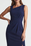 Vestido de trabajo midi con cuello asimétrico azul marino y abertura