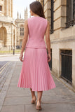 Vestido de trabajo midi rosa plisado plisado de dos piezas con escote en V y cuello en V