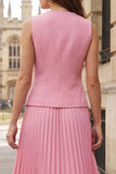 Vestido de trabajo midi rosa plisado plisado de dos piezas con escote en V y cuello en V