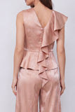 Trajes de trabajo de dos piezas con escote en V y volantes Dusty Rose