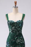 Vestido corto de bienvenida con lentejuelas bodycon color verde oscuro brillante con abertura