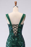 Vestido corto de bienvenida con lentejuelas bodycon color verde oscuro brillante con abertura