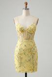 Corsé transparente amarillo, lentejuelas, vestido corto de bienvenida con encaje en la espalda