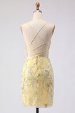 Corsé transparente amarillo, lentejuelas, vestido corto de bienvenida con encaje en la espalda