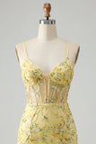 Corsé transparente amarillo, lentejuelas, vestido corto de bienvenida con encaje en la espalda