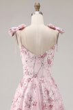 Vestido de bienvenida de la línea A de lentejuelas rosa floral