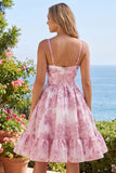 Corsé rosa de línea A con volantes y vestido corto corto floral con volantes