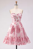 Vestido de bienvenida rosa con corsé A-Line con volantes