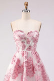 Vestido de bienvenida rosa con corsé A-Line con volantes