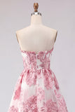 Vestido de bienvenida rosa con corsé A-Line con volantes