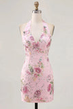 Vestido rosa de lentejuelas bodycon con escote halter y lentejuelas florales de bienvenida