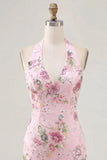 Vestido rosa de lentejuelas bodycon con escote halter y lentejuelas florales de bienvenida