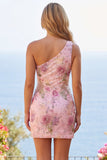 Vestido rosa de lentejuelas bodycon de un solo hombro floral para Homecoming