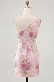 Vestido rosa de lentejuelas bodycon de un solo hombro floral para Homecoming